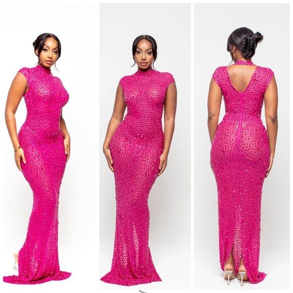 Denoa Label NESSA FUCHSIA PINK MAXI SPARKLY MAXI DRESS Size M - Picture 3 of 4